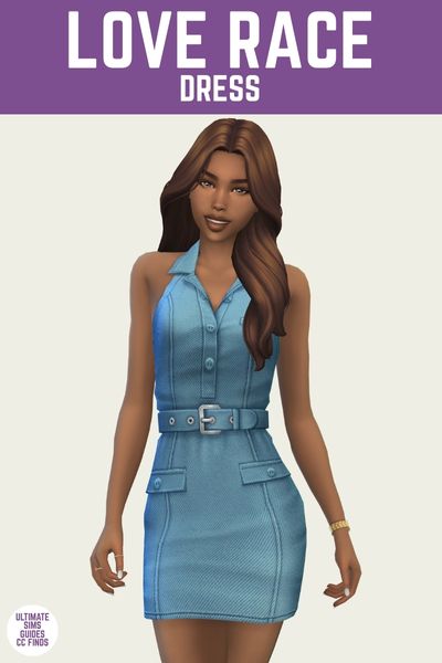 This is a product image for a dress by Trillyke. The image has a purple bar at the top with white text that says "Love race Dress" and the sim posed below is wearing a denim strapless dress with a belt around the waist