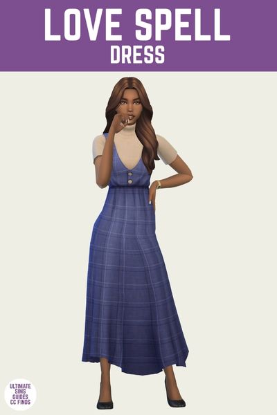 This is a product image for a dress by Trillyke. The image has a purple bar at the top with white text that says "love spell dress" and the sim below is wearing a turtleneck t-shirt with a v-neck long dress on top 