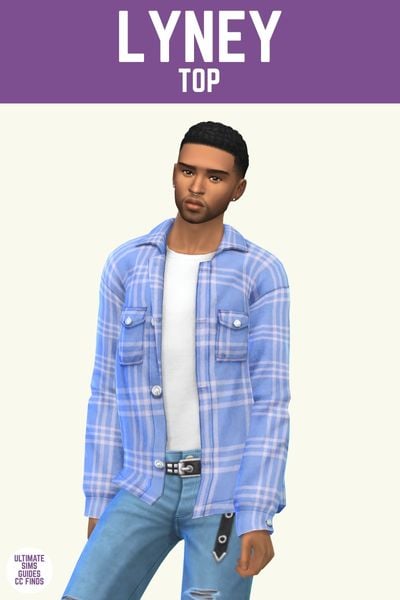 This image has a purple bar at the top with white text that says "Lyney Top" and below is a sim wearing a white t-shirt with a blue plaid flannel on top
