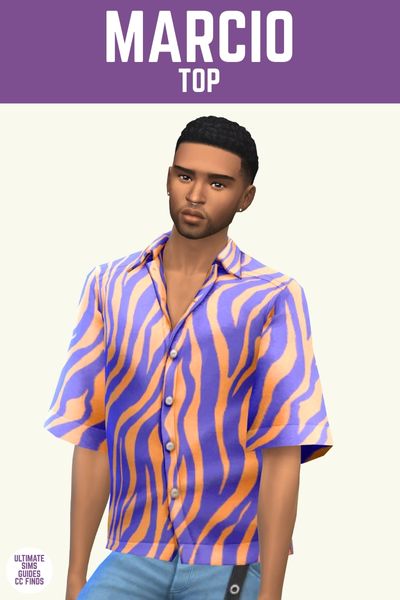 This image has a purple bar at the top with white text that says "Marcio Top" and below is a male sim wearing a purple and orange zebra print top