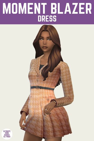 This is a product image for a dress by Trillyke. The image has a purple bar at the top with white text that says "moment blazer dress" and below is a posed sim. The sim is wearing a blaze that's longer and has a belt around the waist with a houndstooth pattern 