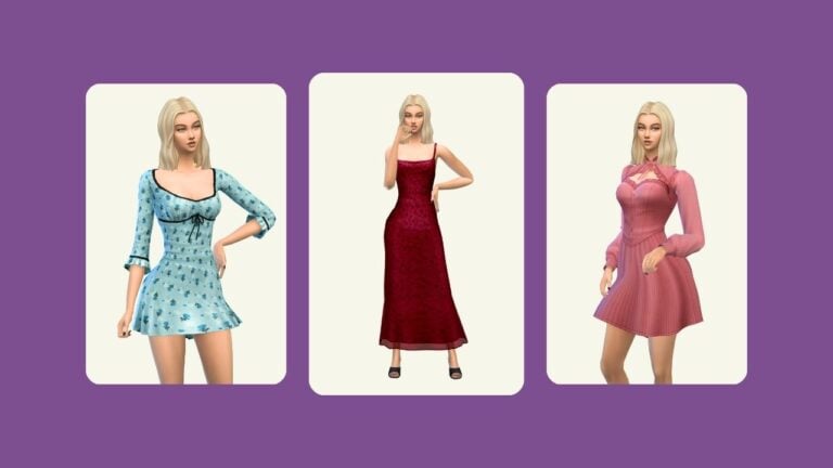 This image has a purple background with three rounded-edge rectangles and inside are images of a sim with blonde hair wearing different dresses
