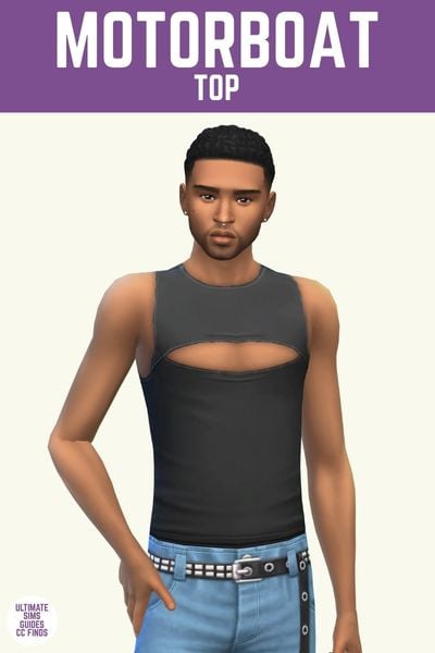 This image has a purple bar at the top with white text that says "Motorboat Top" and below is a male sim wearing a sleeveless top with a section cut out on the chest