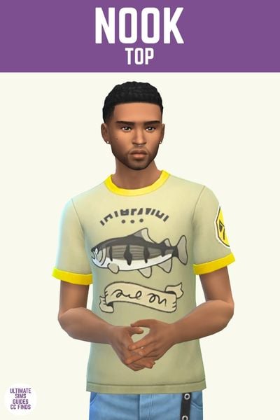 This image has a purple bar at the top with white text that says "Nook Top" and below is a sim wearing a t-shirt from the Animal Crossing New Horizons fishing tournament