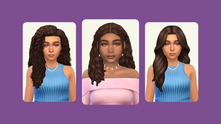 This image has a purple background. There are three images of female sims from The Sims 4 wearing different hairs