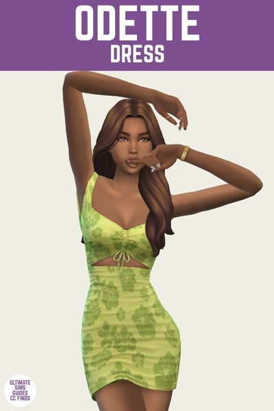 This is a product image for a dress by Trillyke. The image has a purple bar at the top with white text that says "Odette Dress" and below is a sim posing. They are wearing a green dress with darker green hawaiian style flowers 