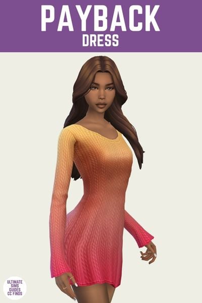 This is a product image for a dress by Trillyke. The image has a purple bar at the top with white text that says "Payback Dress" and the dress has a knit design in orange to pink ombre 