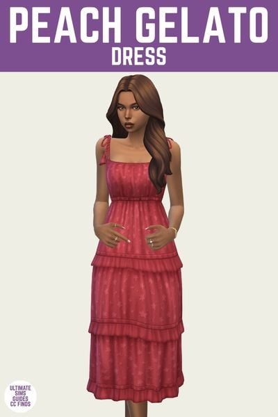 This is a product image for a dress by Trillyke. The image has a purple bar at the top with white text that says "Peach Gelato Dress" and the sim below is wearing a dress with ropes for straps and a dark pink colour 