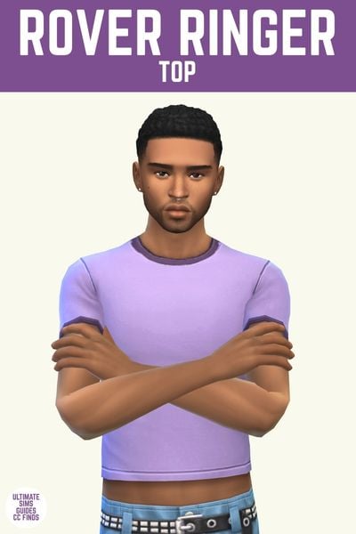 This image has a purple bar at the top with white text that says "Rover Ringer Top" and below is a male sim with their arms crossed wearing a purple cropped t-shirt