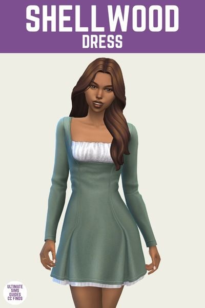 This is a product image for a dress by Trillyke. The image has a purple bar at the top with white text that says "Shellwood Dress" and below is a sim posed and smiling. The sim is wearing a long sleeve dress 