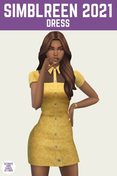 This is a product image for a dress by Trillyke. The image has a purple bar at the top with white text that says "Simblreen 2021 dress" and below s aim is posed. They are wearing a yellow dress with a curtain-like pattern and a mesh part on the chest and the dress has buttons down with a collar 