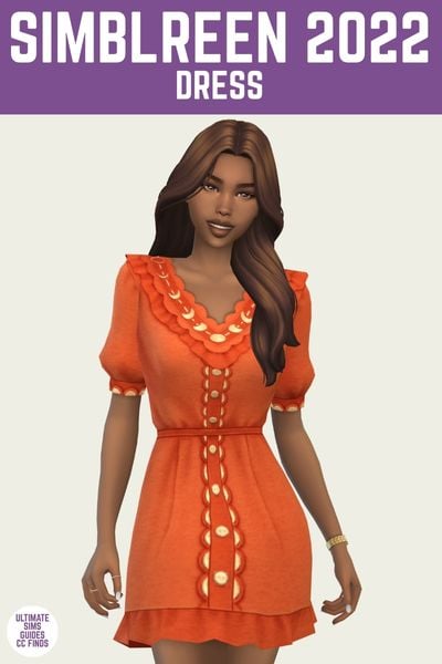 This is a product image for a dress by Trillyke. The image has a purple bar at the top with white text that says "Simblreen 2022 Dress" and below is a sim posed in an orange dress that has the moon phases on the neckline 