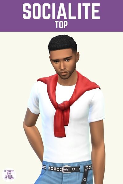 This image has a purple bar at the top with white text that says "Socialite Top" and below is a male sim wearing a white t-shirt with a red shirt around the neck