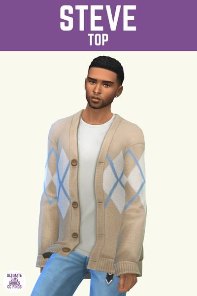 This image has a purple bar at the top with white text that says "Steve Top" and below is a male sim posed wearing a white t-shirt and a cardigan sweater with an argyle print