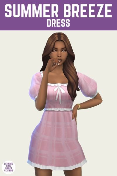 This is a product image for a dress by Trillyke. The image has a purple bar at the top with white text that says "Summer Breeze Dress" and below is a posed sim. The sim is wearing a pink puff sleeve dress with a bow on the chest and a light pink plaidi 