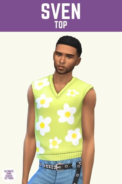 This image has a purple bar at the top with white text that says "Sven Top" and below is a male sim wearing a bright green vest with white flowers