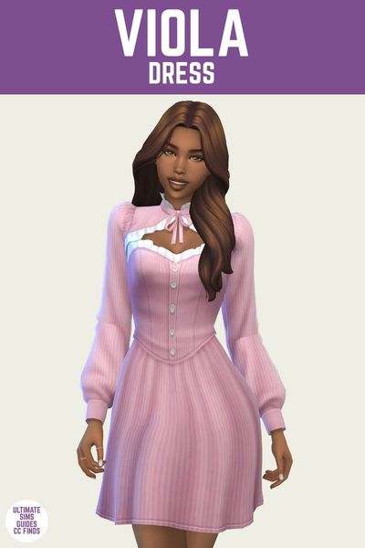 This is a product image for a dress by Trillyke. The image has a purple bar at the top with white text that says "Viola Dress" and below is a sim wearing a long sleeve dress with a high neck but a cut out on the chest and buttons 