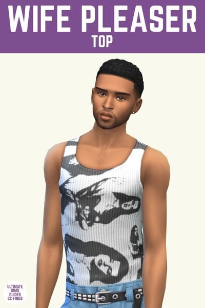 This image has a purple bar at the top with white text that says "Wife Pleaser Top" and below is a sim wearing a white tank top with black designs of women on them