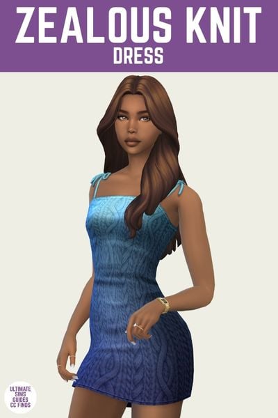 This is a product image for a dress by Trillyke. The image has a purple bar at the top with white text that says "Zealous Knit Dress" and below a sim is wearing a blue ombre dress with cable knits 