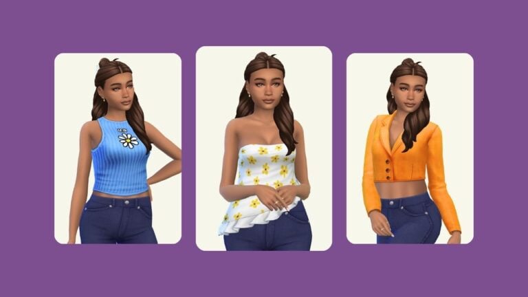 This image has a purple background with three rounded-edge images. These images have a sim with brown hair in a half-up look in different tops with dark blue jeans