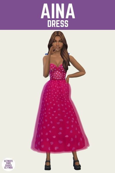 This is a product image for a cc piece in The Sims 4. The top of the image has a purple bar at the top with "Aina Dress" in white text. Below that is a sim posed with an arm on the hip and they are wearing a hot pink dress with hearts all over 