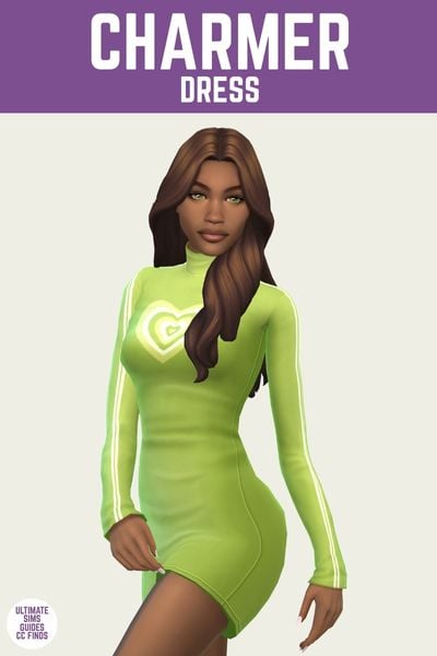 This is a product image for a cc piece in The Sims 4. The top of the image has a purple bar at the top with "charmer dress" in white text. Below that is a sim posed with their hair curled in a green dress with a heart design on the chest 