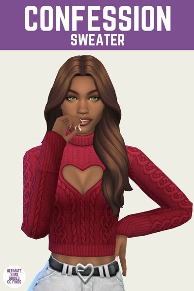 This is a product image for a cc piece in The Sims 4. The top of the image has a purple bar at the top with "confession sweater" in white text. Below that is a sim posed with a hand on the hip wearing a cable knit sweater with a heart cut out on the chest 