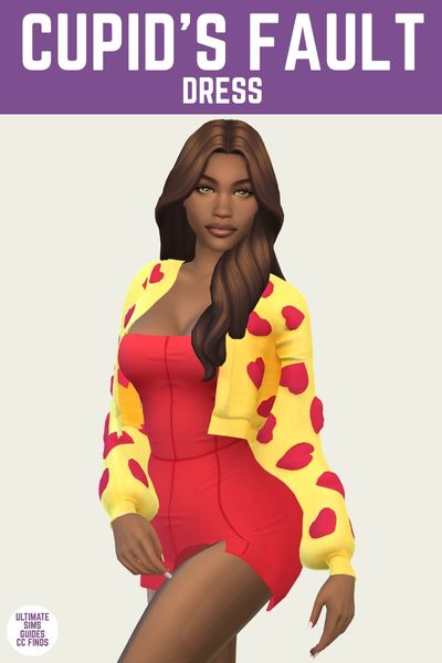 This is a product image for a cc piece in The Sims 4. The top of the image has a purple bar at the top with "Cupid's Fault Dress" in white text. Below that is a sim in a strapless dress wearing a yellow cardigan with hearts on it 