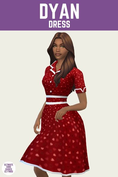 This is a product image for a cc piece in The Sims 4. The top of the image has a purple bar at the top with "Dyan dress" in white text. Below that is a sim posed with one leg up in a dress covered in hearts that has a collar and buttons 