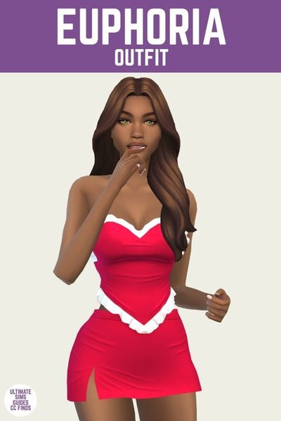 This is a product image for a cc piece in The Sims 4. The top of the image has a purple bar at the top with "Euphoria Outfit" in white. The Sim below is wearing a pink skirt and a top in pink with white ruffles that's in the shape of a heart. 