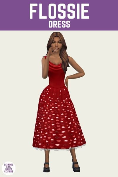 This is a product image for a cc piece in The Sims 4. The top of the image has a purple bar at the top with "Flossie Dress" in white text. Below that is a sim posed with a hand on the hip and they are wearing a cowl neck dress with hearts on the skirt 