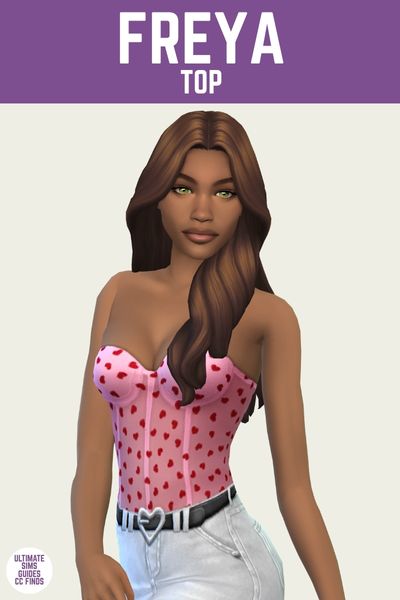 This is a product image for a cc piece in The Sims 4. The top of the image has a purple bar at the top with "Freya Top" in white text. Below that is a sim wearing a white denim skirt with a heart buckle and they're wearing a pink sweetheart neckline strapless top with hearts on it 