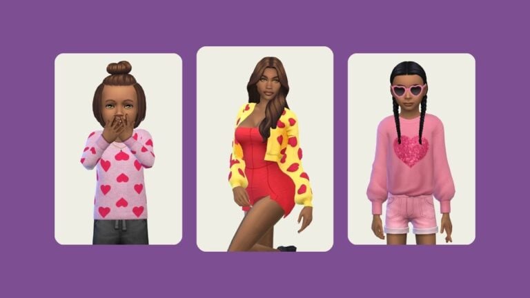 This image has a purple background with three rounded-edge rectangles. Inside the rectangles are sims posing in clothes with hearts on them