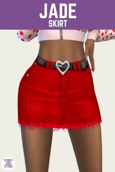 This is a product image for a cc piece in The Sims 4. The top of the image has a purple bar at the top with "jade skirt" in white text and below is a close up of a sim's skirt which is red denim with a heart shaped buckle 