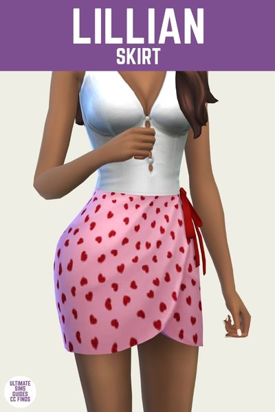 This is a product image for a cc piece in The Sims 4. The top of the image has a purple bar at the top with "lillian skirt" in white text. Below that is a picture of a sim from the waist down and they are wearing a white tank top with a pink wrap skirt with red hearts 