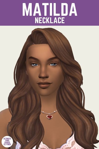 This is a product image for a cc piece in The Sims 4. The top of the image has a purple bar at the top with "Matilda Necklace" below that is a sim with curly hair close up showing off their heart shaped necklace. 