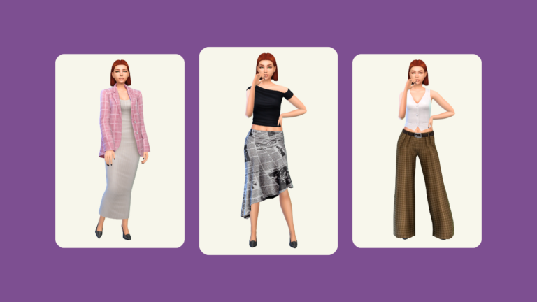 This image has a purple background. On top of this background there are three images of a sim with a short red bob hairstyle in different outfits.