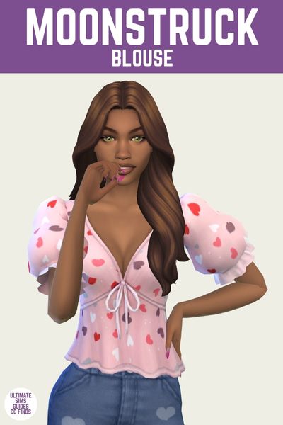 This is a product image for a cc piece in The Sims 4. The top of the image has a purple bar at the top with "Moonstruck Blouse" written in white. Below is a sim with brown curly hair posed with their hand on their hip and they're wearing a puff sleeve blouse with hearts on it. 
