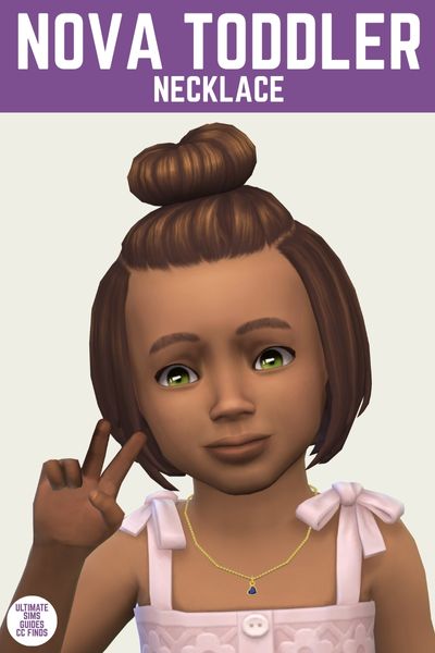 This is a product image for a cc piece in The Sims 4. The top of the image has a purple bar at the top with "Nova Toddler Necklace" in white text. Below is toddler posing with a peace sign hand in a pink tank top with bows at the shoulders and they're wearing a heart shaped necklace 