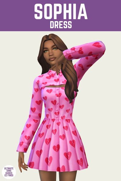 This is a product image for a cc piece in The Sims 4. The top of the image has a purple bar at the top with "Sophia Dress" written in white text. Below is a sim in a long sleeve dress covered in broken hearts 