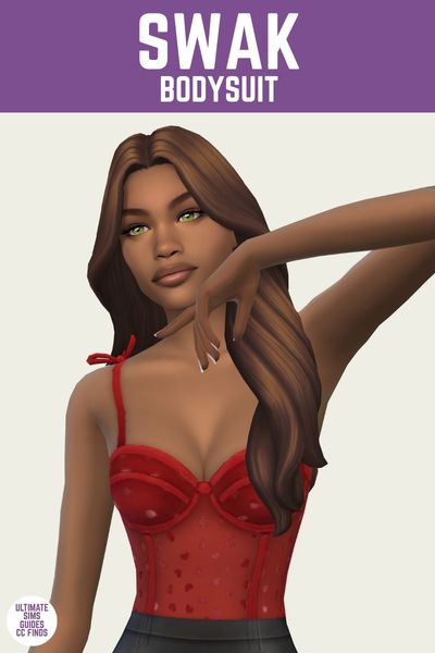 This is a product image for a cc piece in The Sims 4. The top of the image has a purple bar at the top with white text that says "Swak Bodysuit" below that is a sim posed in a tank top with hearts on it 