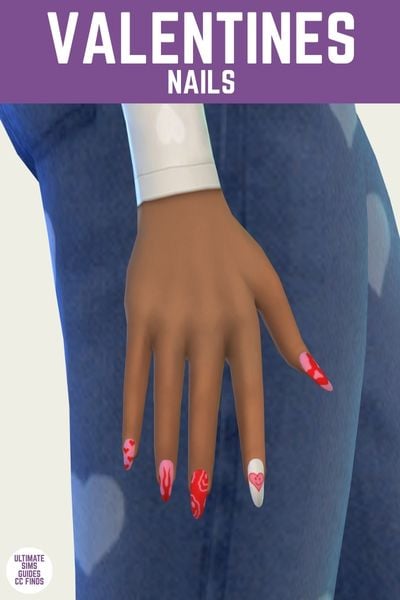 This is a product image for a cc piece in The Sims 4. The top of the image has a purple bar at the top with "Valentines Nails" in white text. Below that is a close up of a sim's hand with red, pink and white nails. 