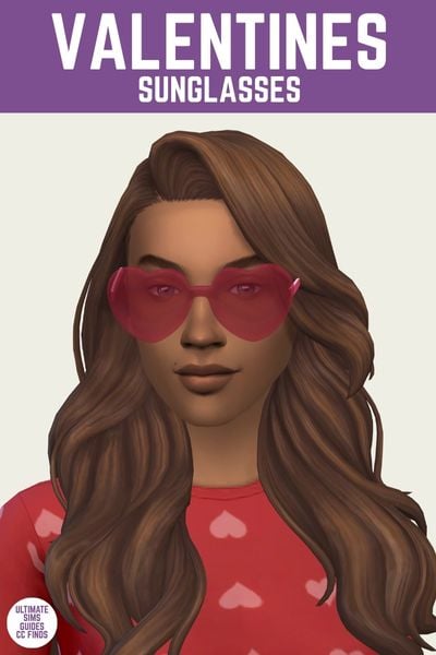 This is a product image for a cc piece in The Sims 4. The top of the image has a purple bar at the top with "Valentine's Sunglasses" in white text. Below is a close up of a sim with brown curly hair wearing heart shaped sunglasses 