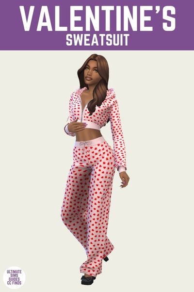 This is a product image for a cc piece in The Sims 4. The top of the image has a purple bar at the top with "Valentine's Sweatsuit" written in white. Below is a sim posing in a two piece sweat suit in pink with red hearts all over it 