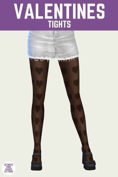 This is a product image for a cc piece in The Sims 4. The top of the image has a purple bar at the top with "valentines tights" in white text. Below that is a sim from the hips down. They are wearing a white denim skirt and black tights with hearts on them 