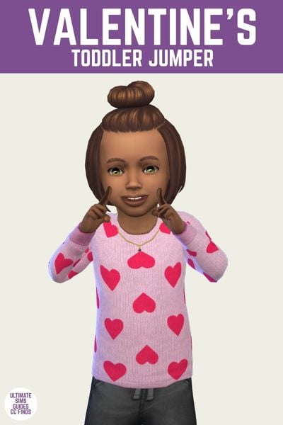 This is a product image for a cc piece in The Sims 4. The top of the image has a purple bar at the top with "Valentine's Toddler Jumper" written in white. Below is a toddler sim posing while wearing a pink heart sweater 