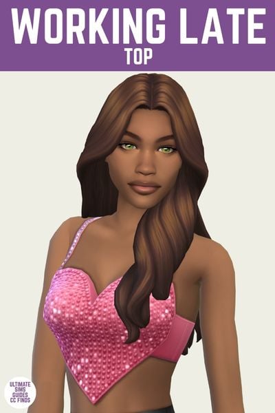 This is a product image for a cc piece in The Sims 4. The top of the image has a purple bar at the top with "working late top" written in white. Below that is a sim posing in a sparkly tank top that's shaped like a heart 