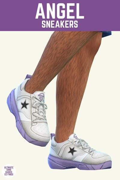 This image has a purple bar at the top and white text that reads "Angel Sneakers" and below is a close up of a sim's legs who is wearing white shoes with purple soles 