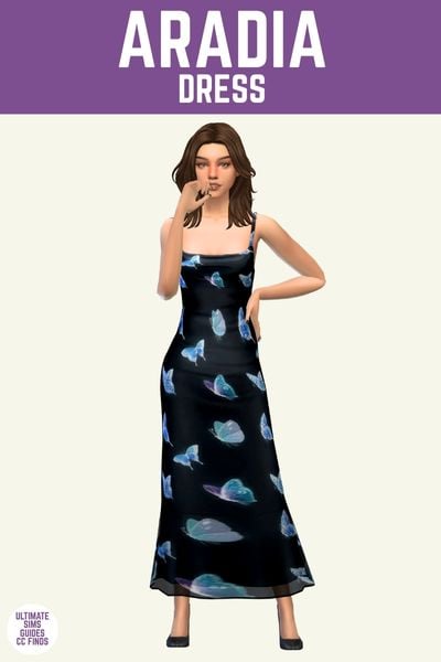 This image has a purple bar at the top with white text that says "Aradia Dress" and below is a sim posed. They have brown hair and are wearing a black dress with blue butterflies on it.