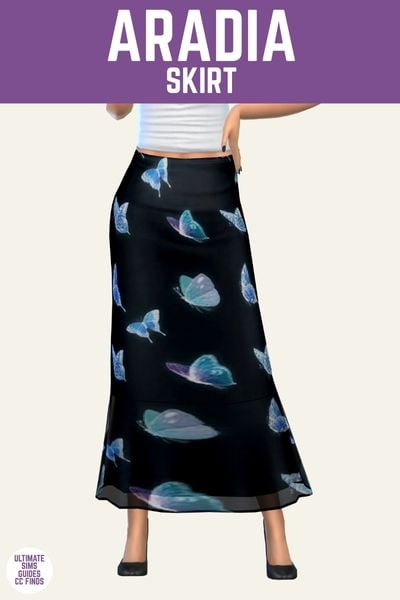 This image has a purple bar at the top with white text that says "Aradia Skirt" and below is a sim posed from the waist down. The Sim is wearing a white top, black high heels and a maxi skirt in black with butterflies on it.